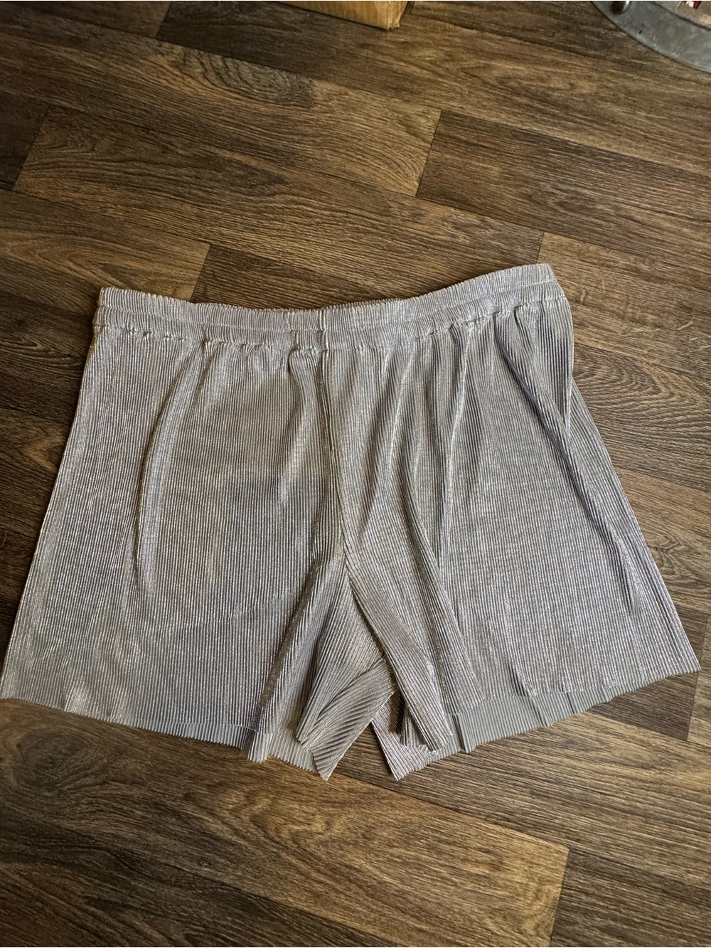 Hayden Metallic Silver High-Waist Pleated Shorts